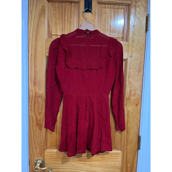 Women’s Reformation Black Polka Dot Red Spark Long Sleeve Mini Dress Size 0 - Picture 3 of 7